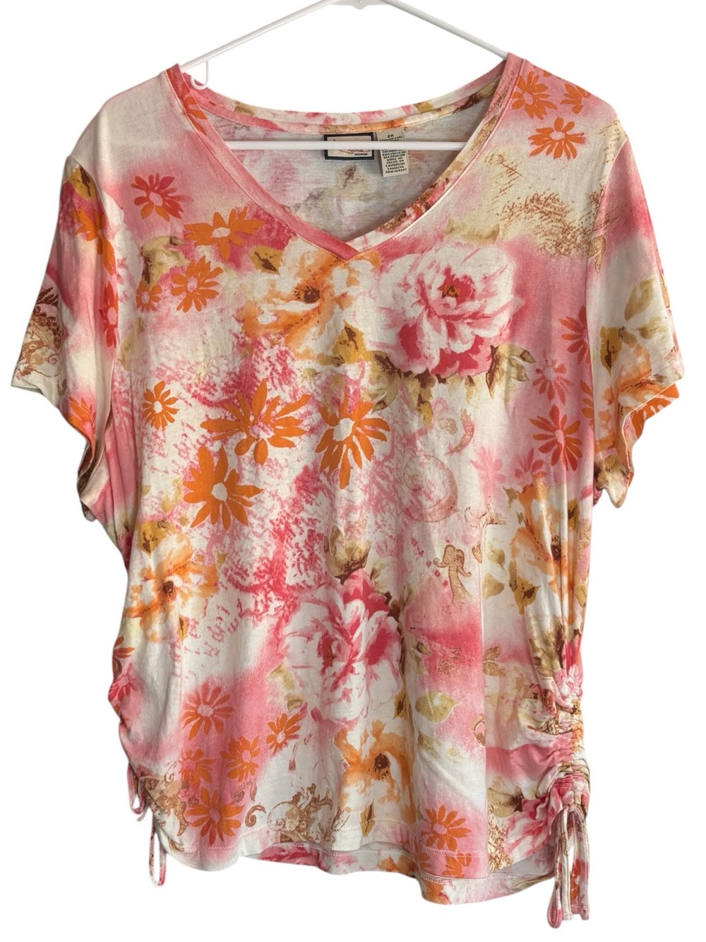 Jamaica Bay Woman 2X Pink Orange Floral Ruched Side Top Plus Size